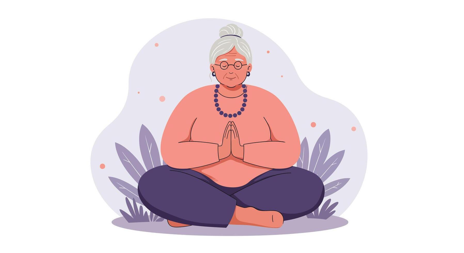 Elderly woman practicing meditation in serene seated pose with purple tones illustration vector