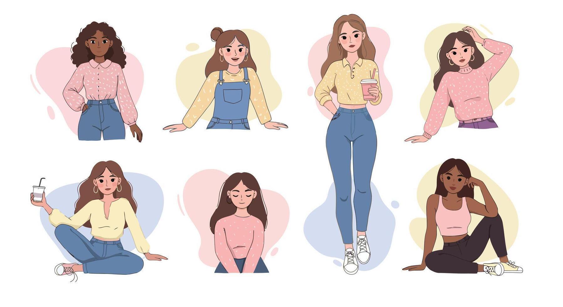 Diverse young women in casual outfits relaxing and enjoying leisure activities in various poses illustration vector