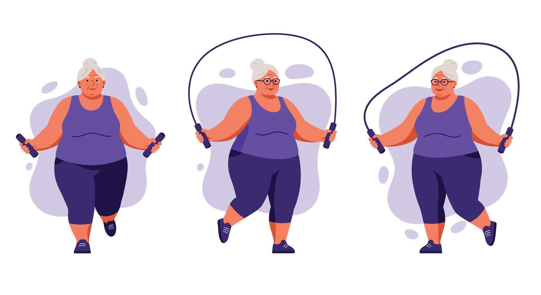 Senior woman exercising with jump rope in purple activewear for healthy lifestyle and fitness routine illustration vector