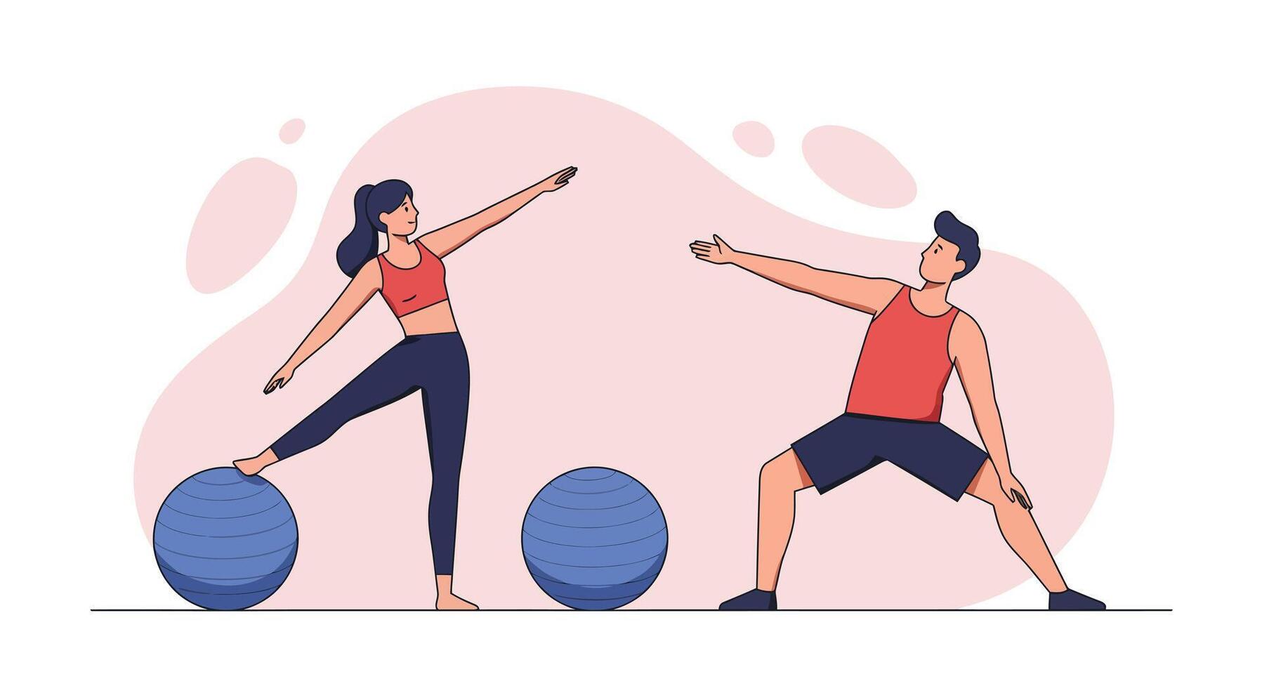 Fitness exercise with fit man and woman stretching on balance balls in activewear illustration vector