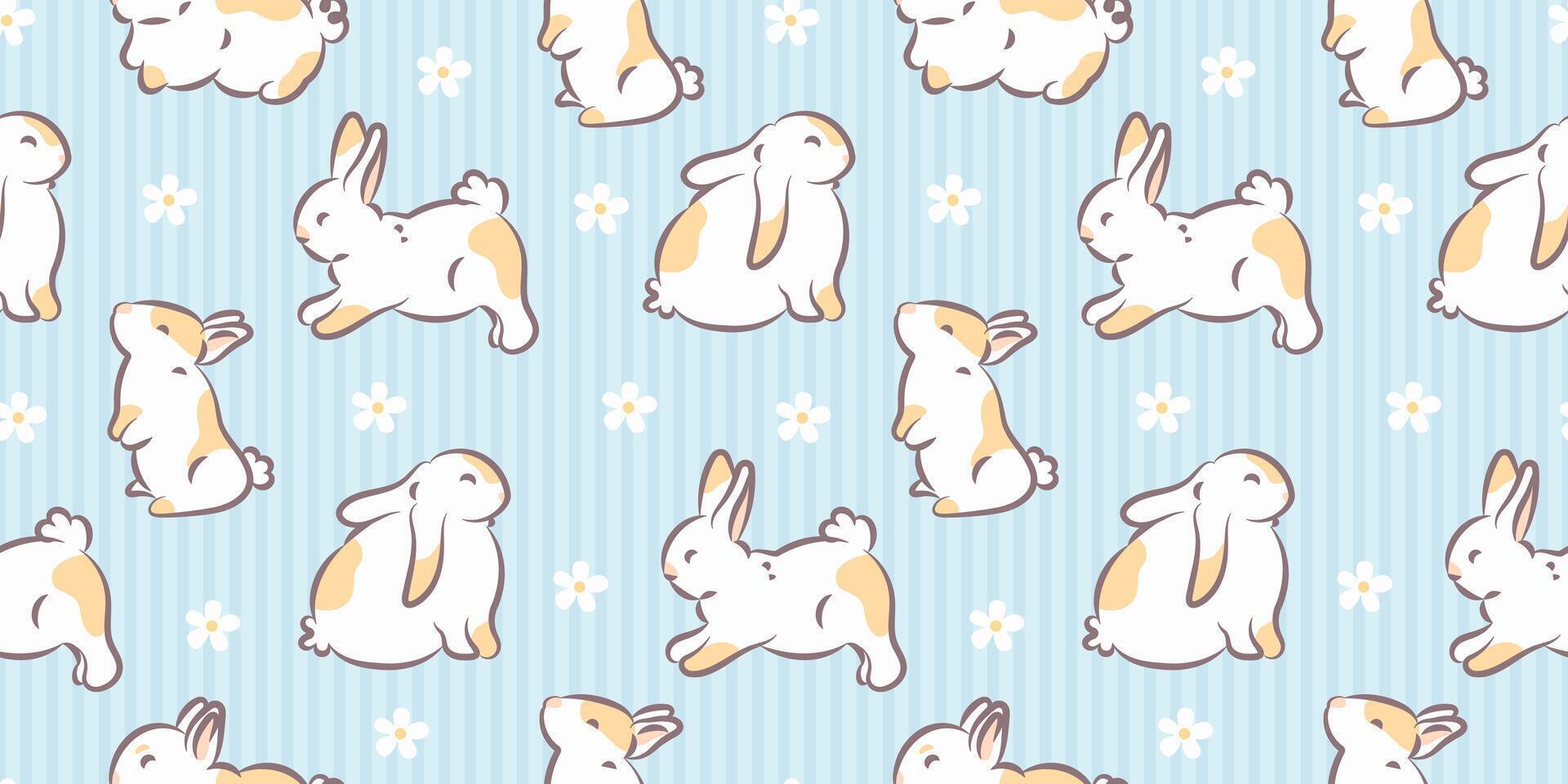 Seamless pattern with adorable bunnies on a soft blue striped background with delicate white flowers. Perfect for Easter, spring-themed designs, fabric, wrapping paper, and baby nursery decor. vector