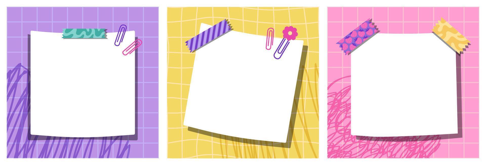 Templates for paper notes. Groovy cards for notes on purple, yellow, and pink checkered backgrounds. Kawaii paper sticky notes for reminders, memo messages, and planners. Back-to-school. vector