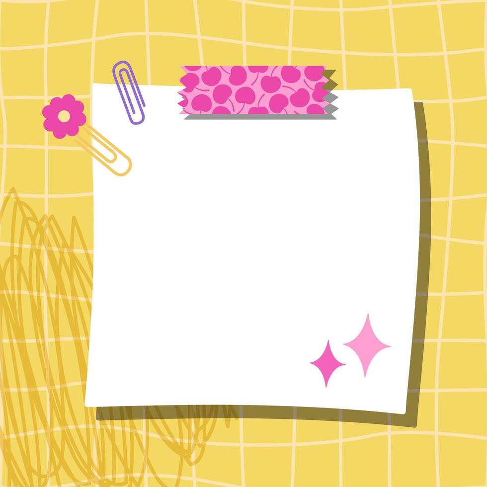 Funky note cards on a yellow checkered background. Cute templates for paper notes. Blank spaces for messages. Paper notes. Sticky notes for reminders, memos, and planners. Perfect for back-to-school. vector