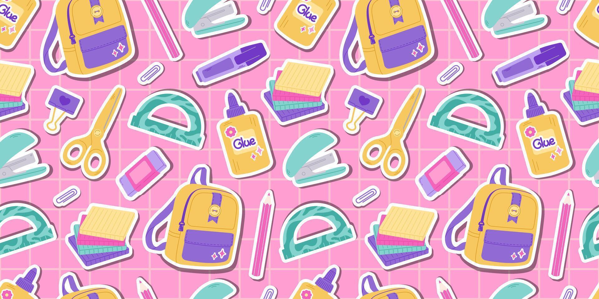 The school supplies pattern on a pink checkered background. Back to school. Education accessories Backpack, paper clip, ruler, pen, glue. Perfect for cards, textiles, ads, advertising and banners. vector