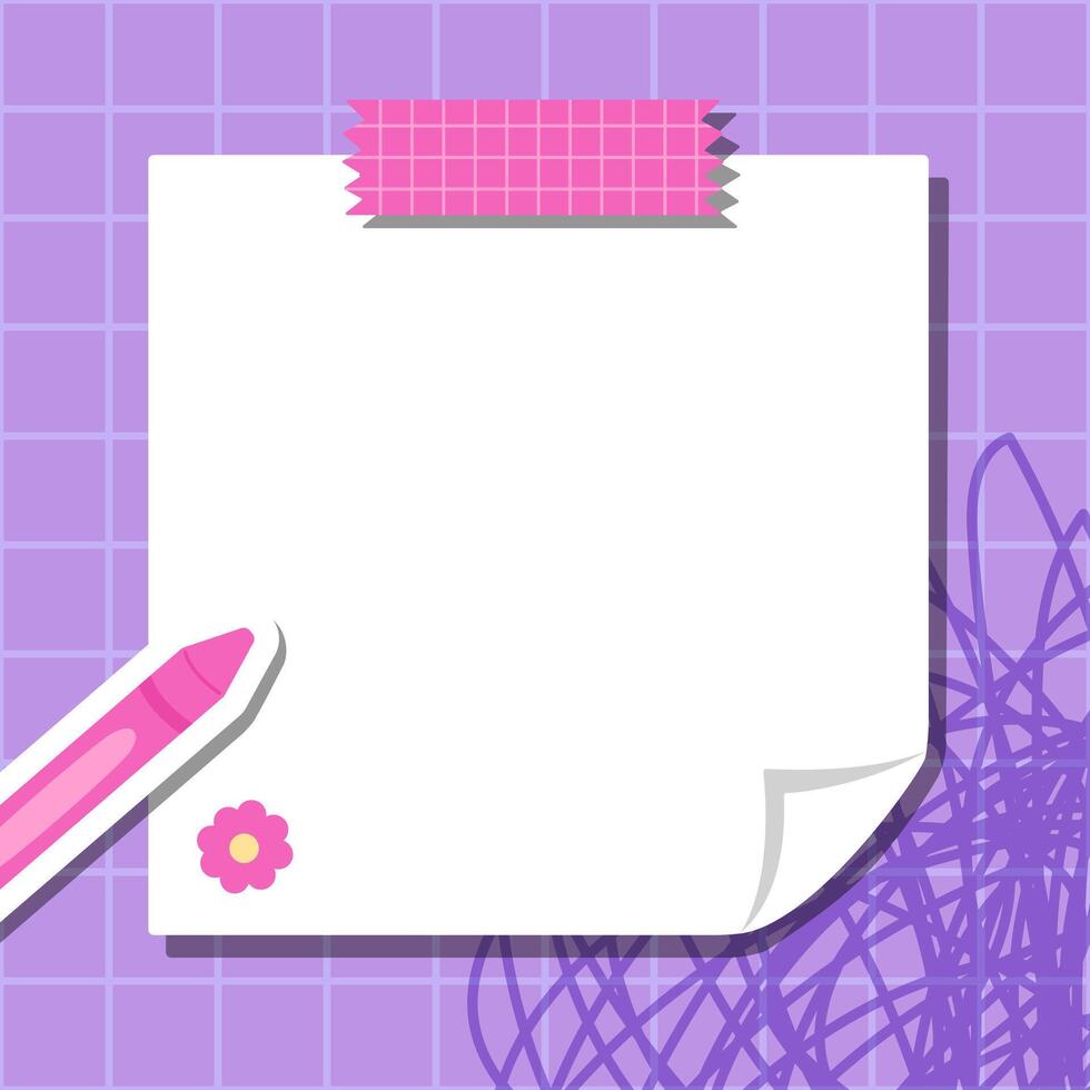 Funky note cards on a purple checkered background. Cute templates for paper notes. Blank spaces for messages. Paper notes. Sticky notes for reminders, memos, and planners. Perfect for back-to-school. vector