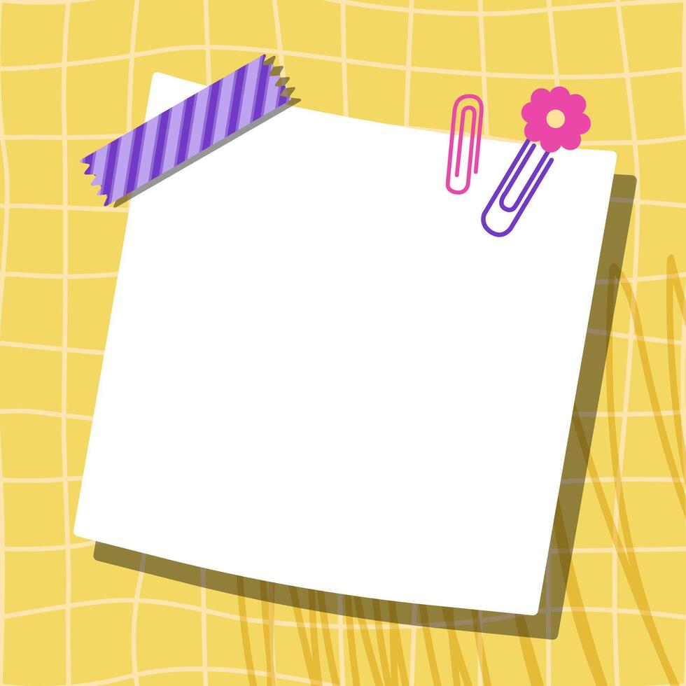 Groovy cards for notes on a yellow checkered background. Kawaii templates for paper notes. Empty blanks for messages. Paper notes. Sticky for reminders, memo messages, and planners. Back-to-school. vector