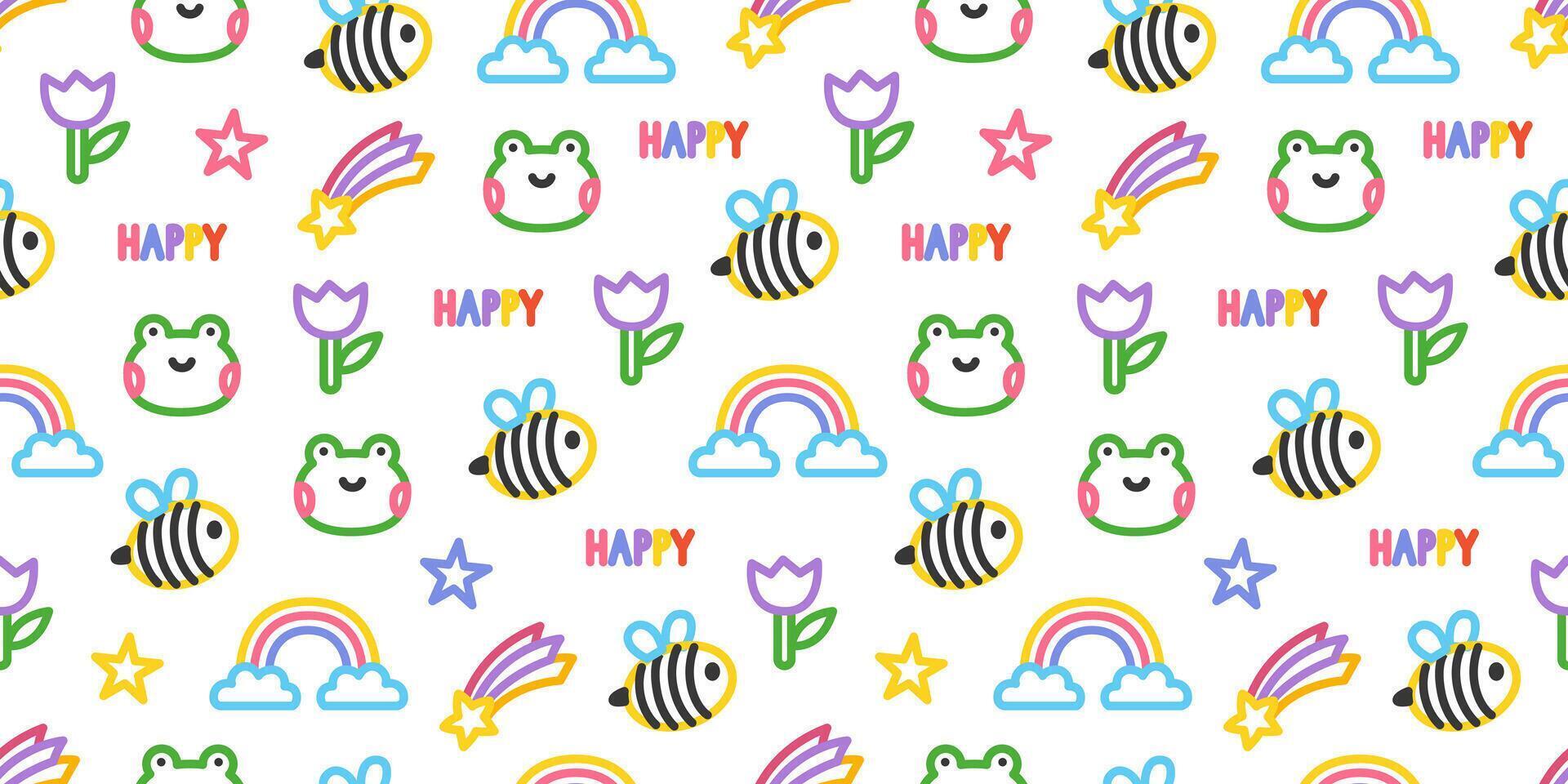 Seamless pattern featuring cute bees, rainbows, frogs, tulips, stars, and the word 'happy' on a white background. A cheerful design perfect for kids, spring and summer themes, and joyful projects. vector