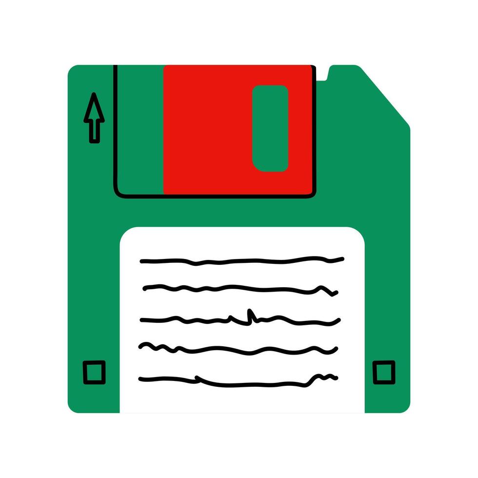 Retro floppy disk illustration in green and red with handwritten label and iconic square shape. Nostalgic symbol of 90s computer storage, perfect for vintage tech themes. Isolated on white background. vector
