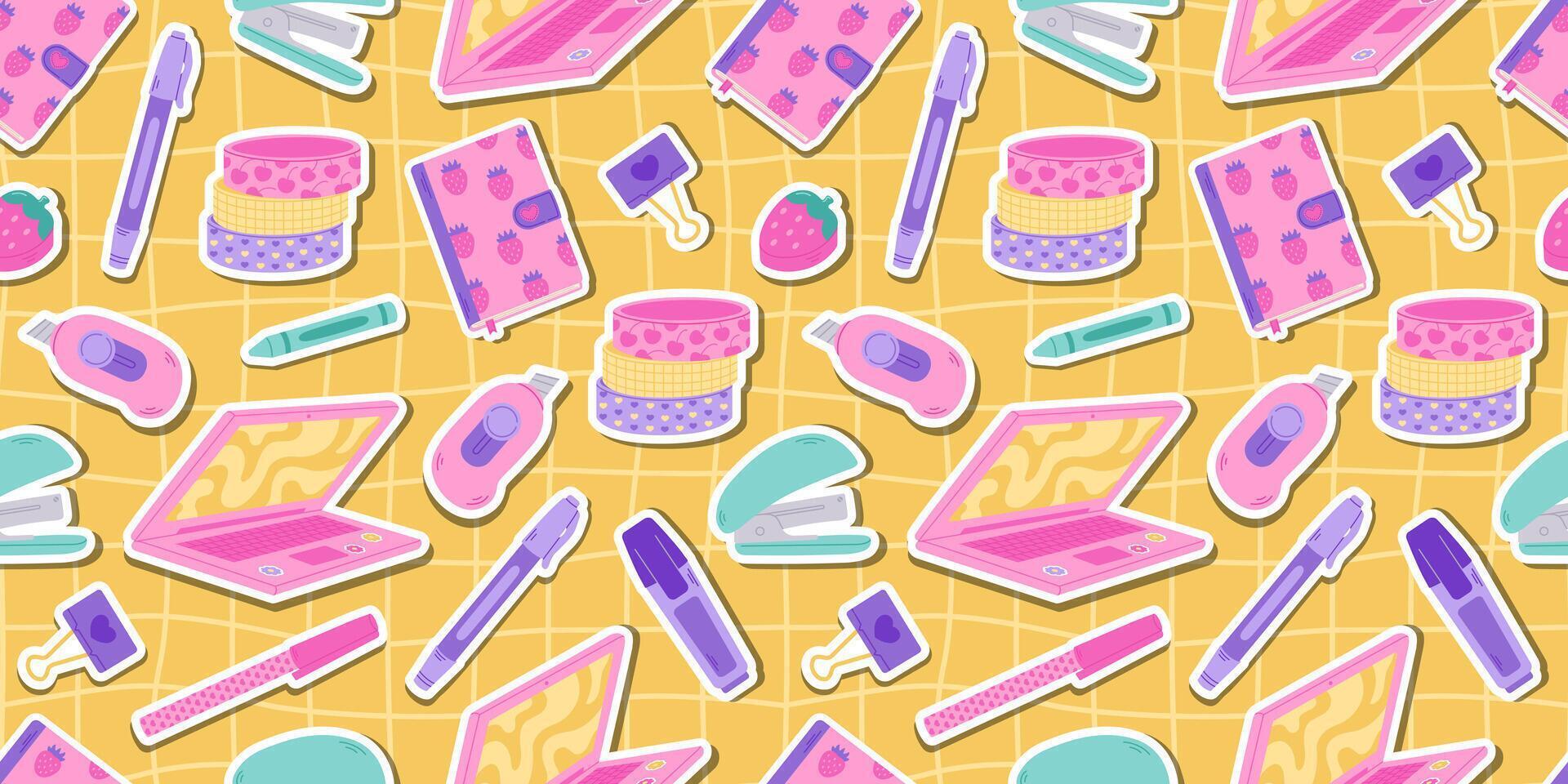 School supplies pattern on a yellow checkered background. Education accessories backpack, paper clip, ruler, pen, glue. Suitable for cards, textiles, ads, and banners. vector