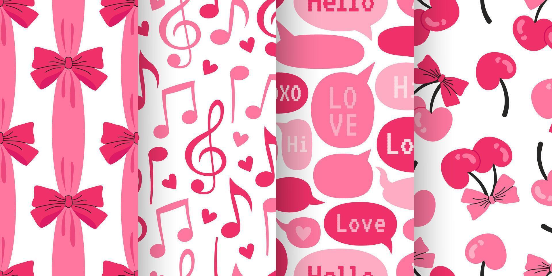 Set of four romantic patterns with pink bows, cherries, hearts, musical notes, and speech bubbles with sweet messages. Ideal for decorative projects, packaging, and creative themes. vector