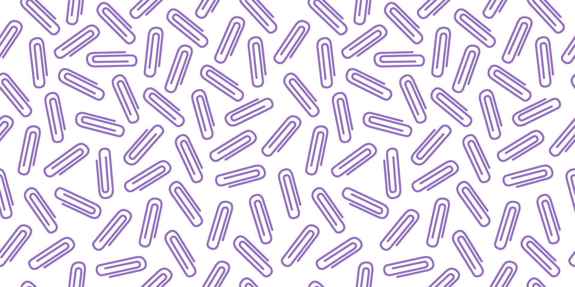 Seamless pattern with purple paper clips on a white background. Cute school-themed design with kawaii-style accessories. Suitable for cards, social media, textiles, wrapping paper, and invitations. vector