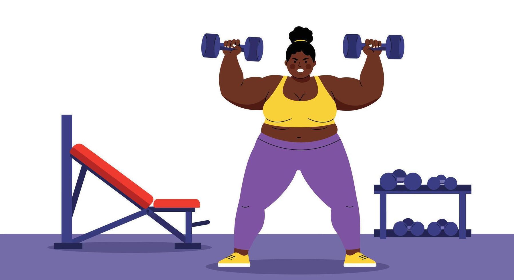 Strong plus size woman lifting dumbbells in gym fitness workout with bench and weights illustration vector
