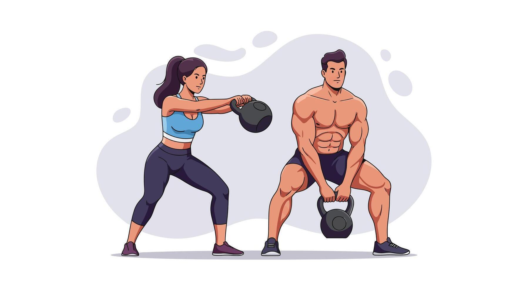 Fitness couple exercising with kettlebells in active workout session for health and strength building training vector