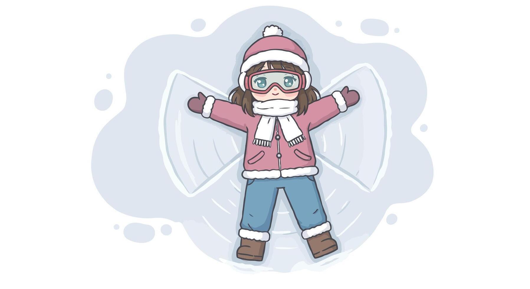 Child making snow angel in winter clothes with hat scarf and boots outdoor playtime fun scene vector