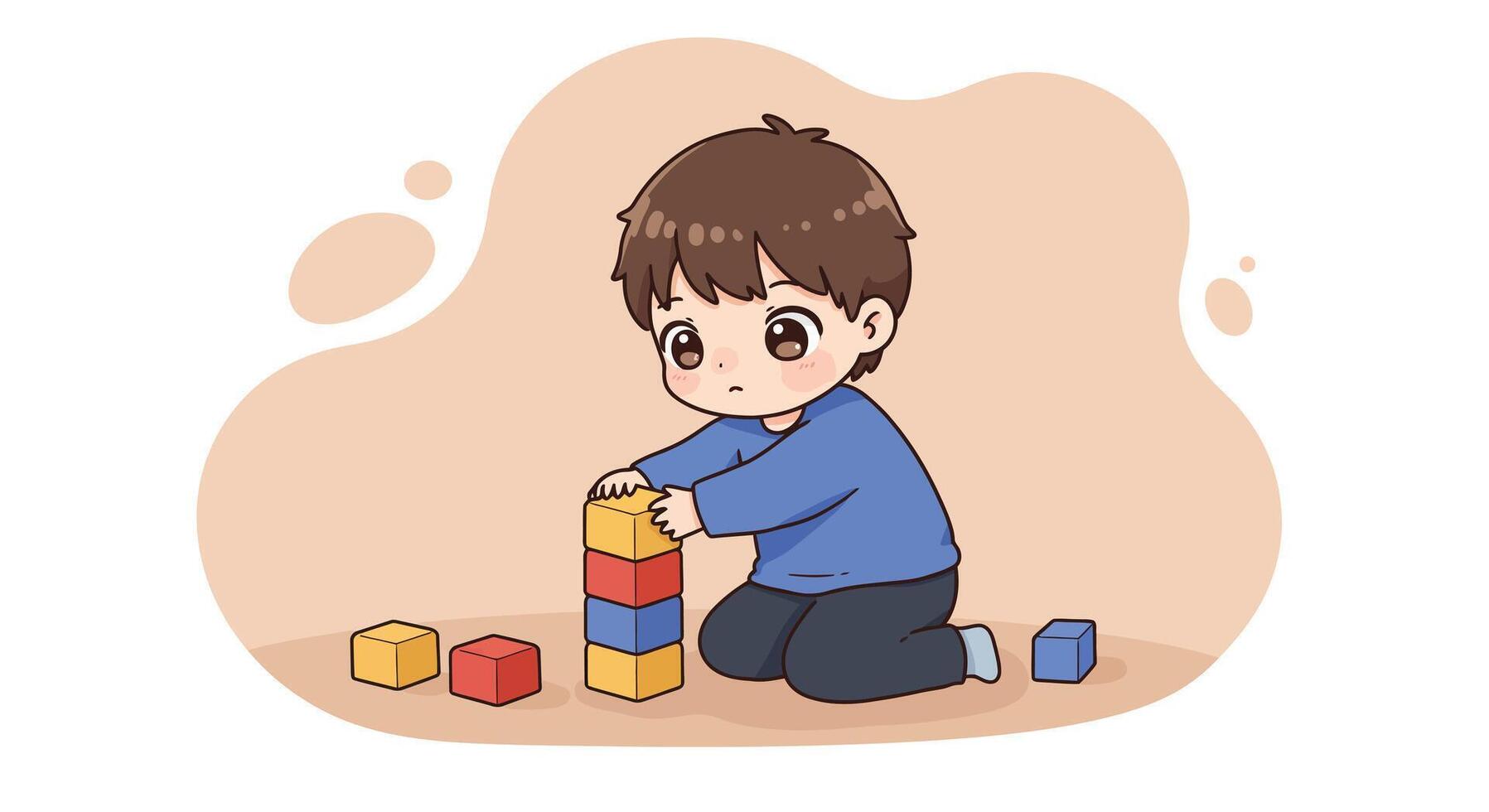 Young boy playing with colorful building blocks stacking toys for toddlers and early childhood development illustration vector