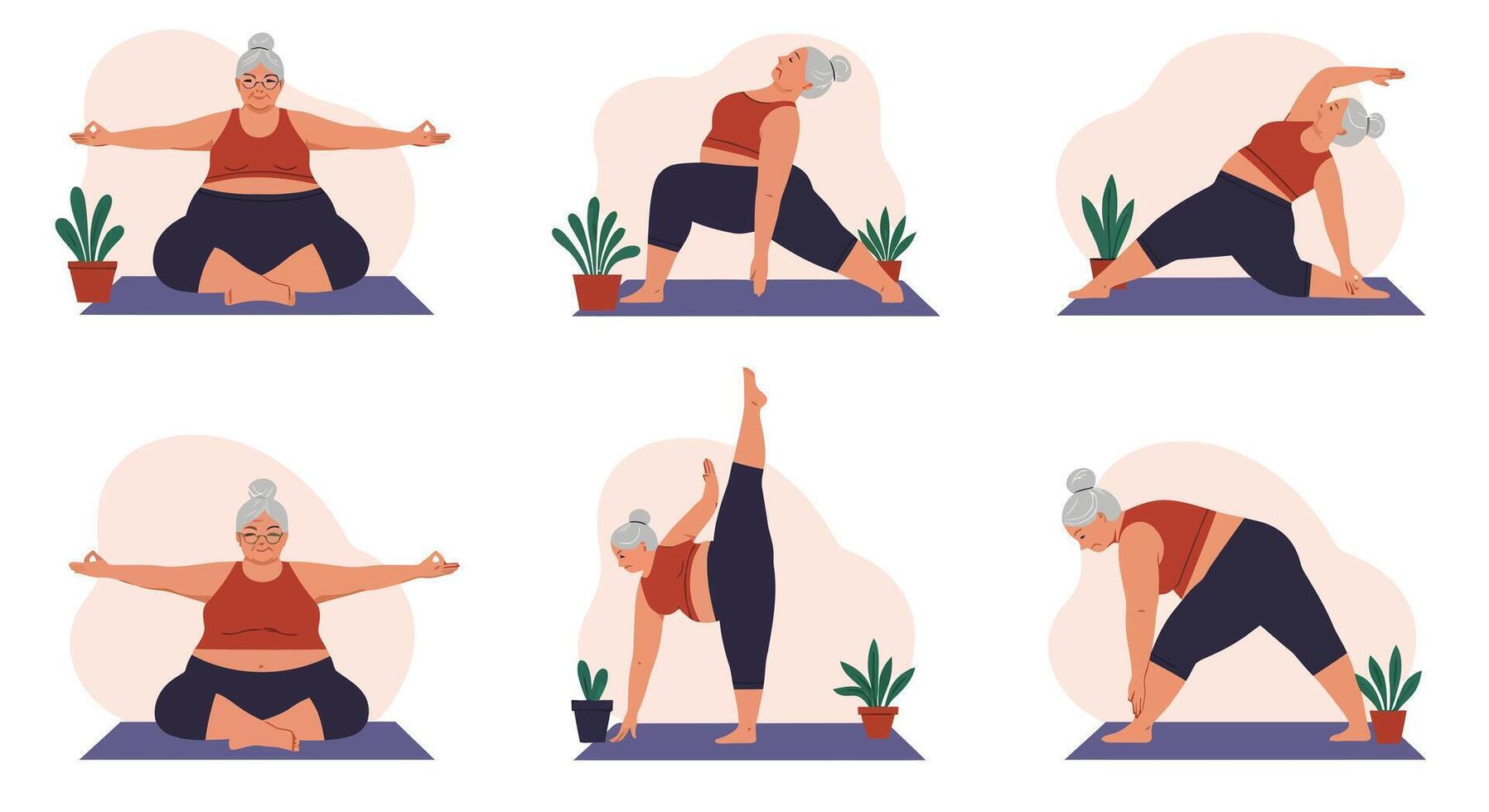 Senior woman practicing various yoga poses in home environment with plants and mat illustration vector