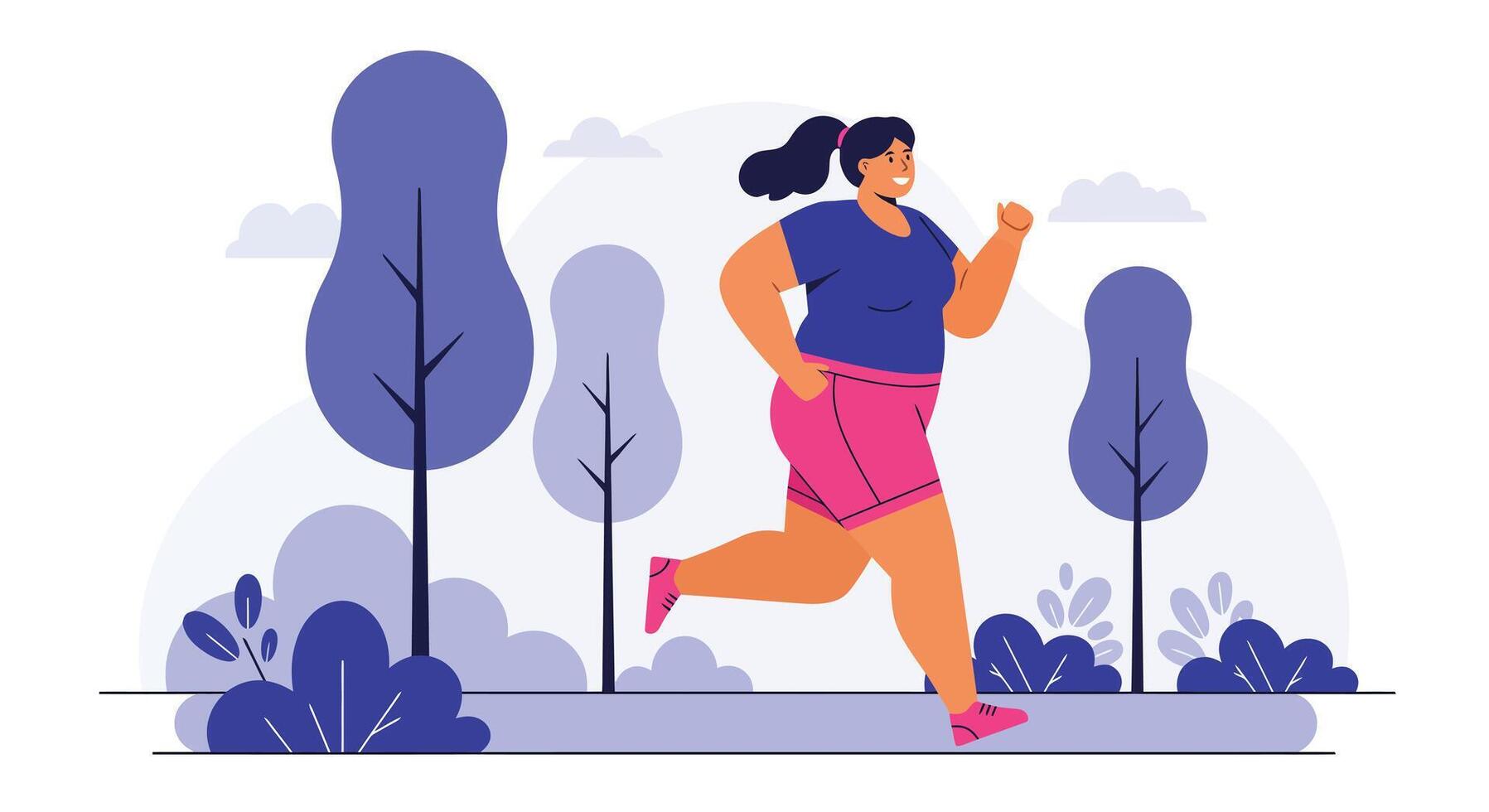 Woman jogging in purple and pink sportswear running outdoors with stylized trees and bushes illustration vector