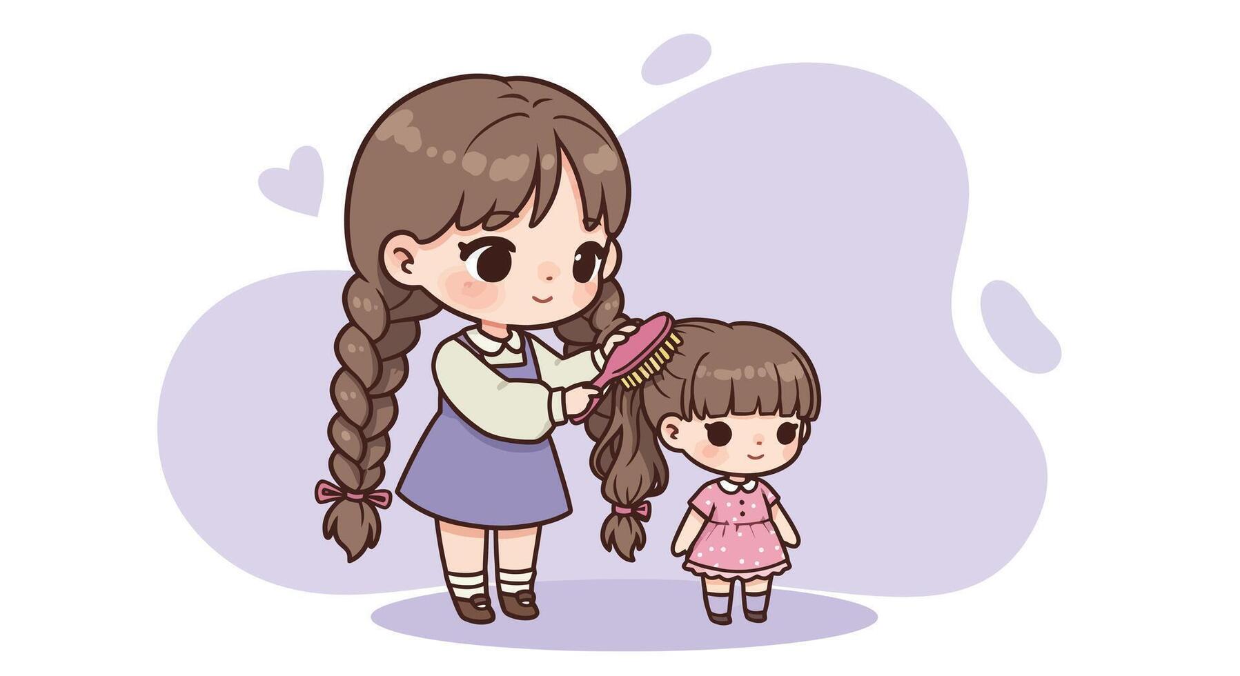 Young girl braiding little sisters hair in cute children illustration with soft purple background vector