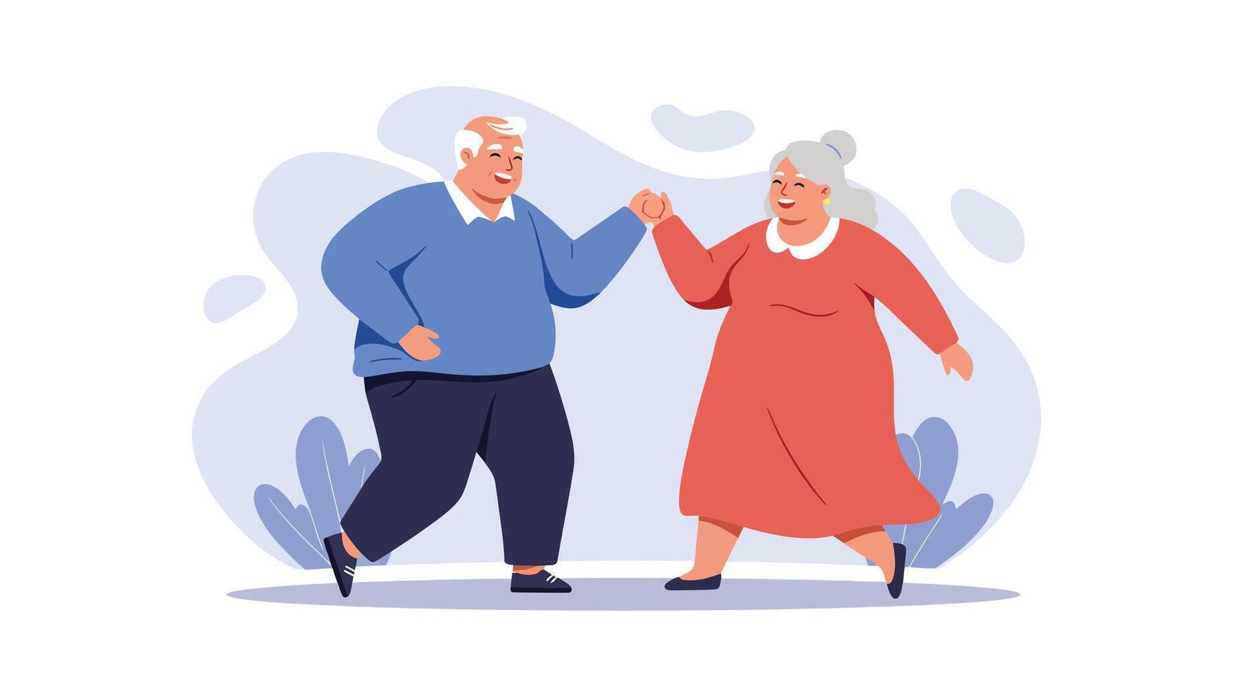 Elderly couple dancing happily together in casual clothes with nature background illustration vector