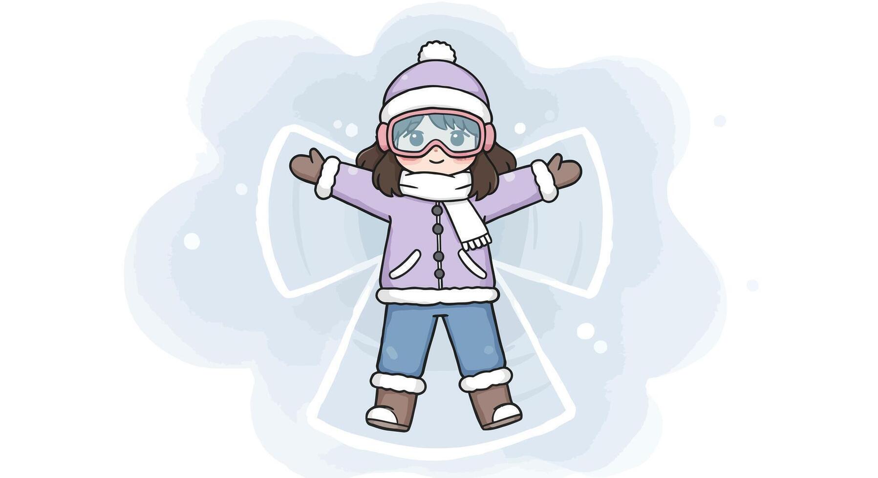 Child making snow angel in winter clothes with jacket hat scarf and gloves outdoor activity in snow illustration vector