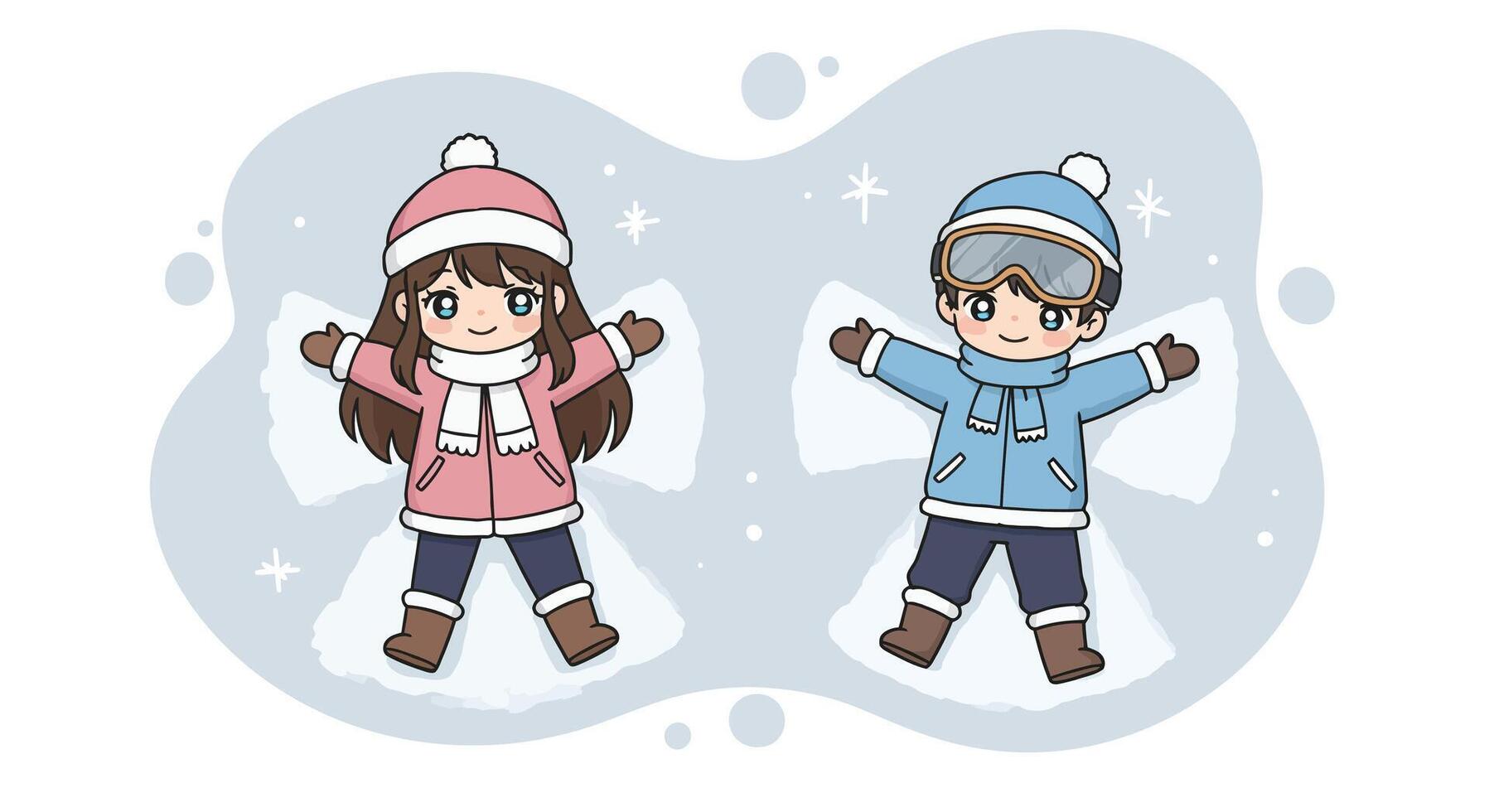 Children making snow angels wearing winter jackets and hats in cold snowy weather outdoor fun activity vector