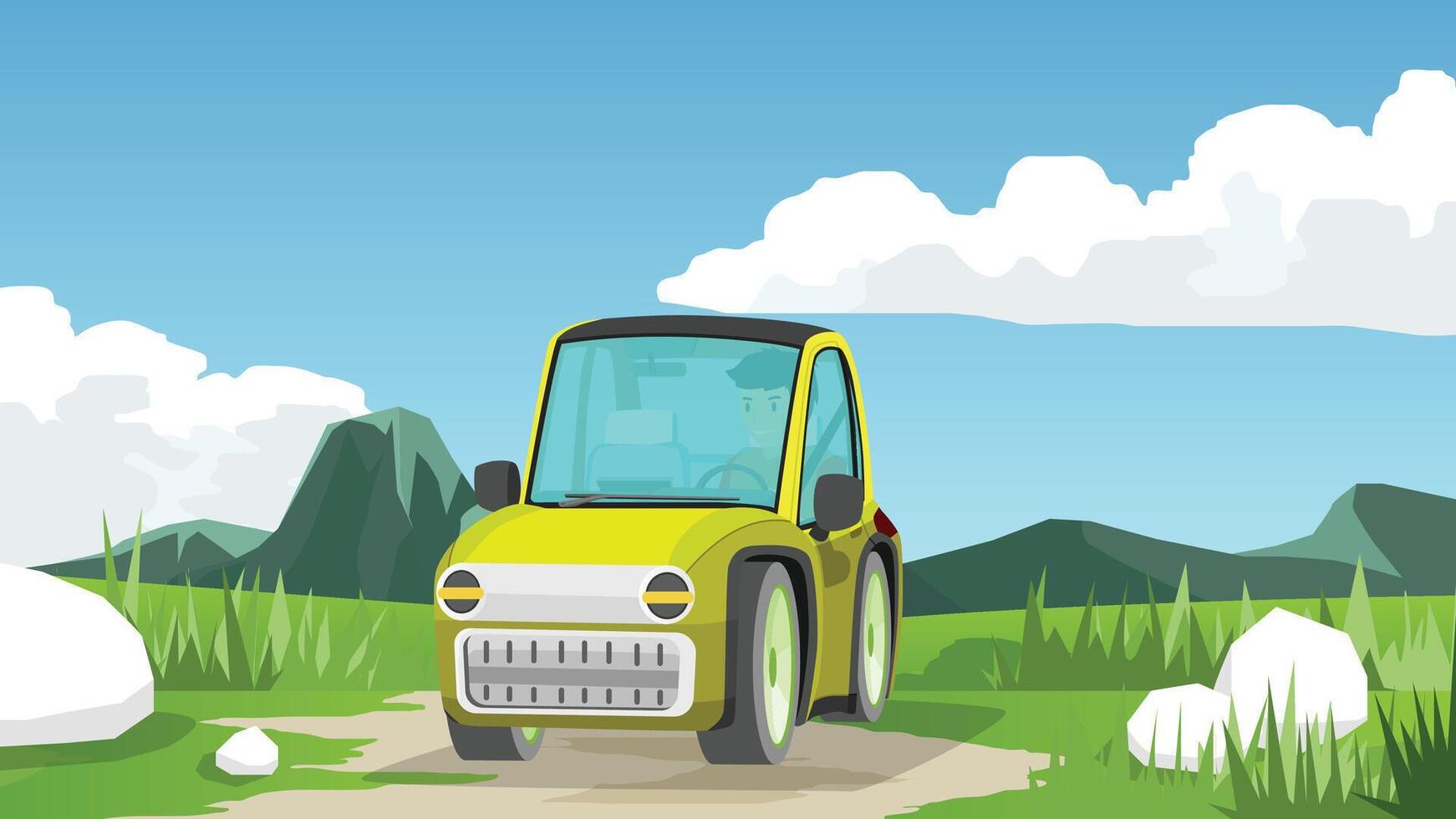 Traveling of mini car with driving man. Winding dirt road. Through bright green landscape with hills. Empty space background of mountain and blue sky with white clouds. vector