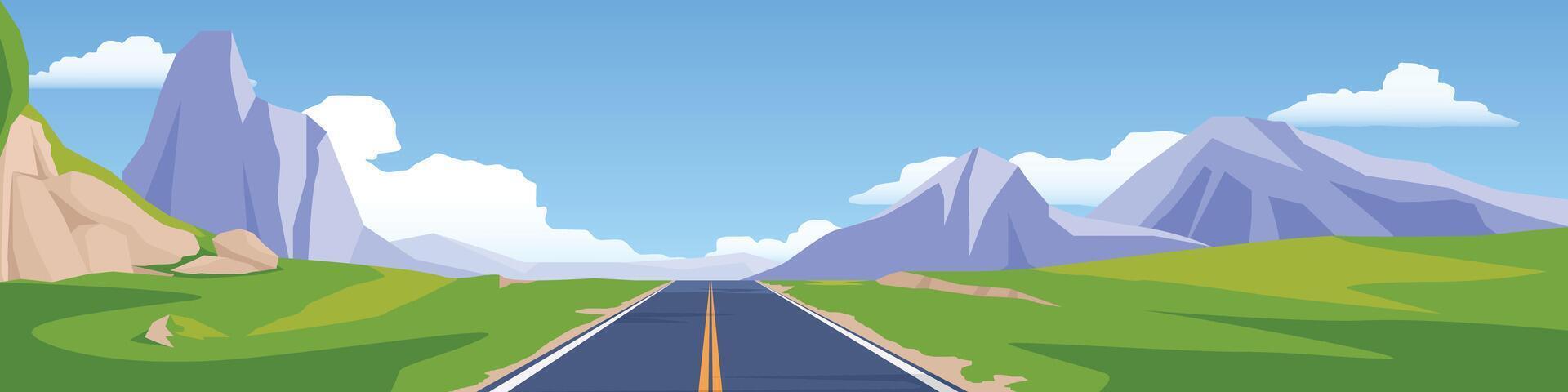 Horizontal or Landscape view. Asphalt road ahead with yellow center line. Through bright green landscape with hills. Mountain background and blue sky space with white clouds. vector