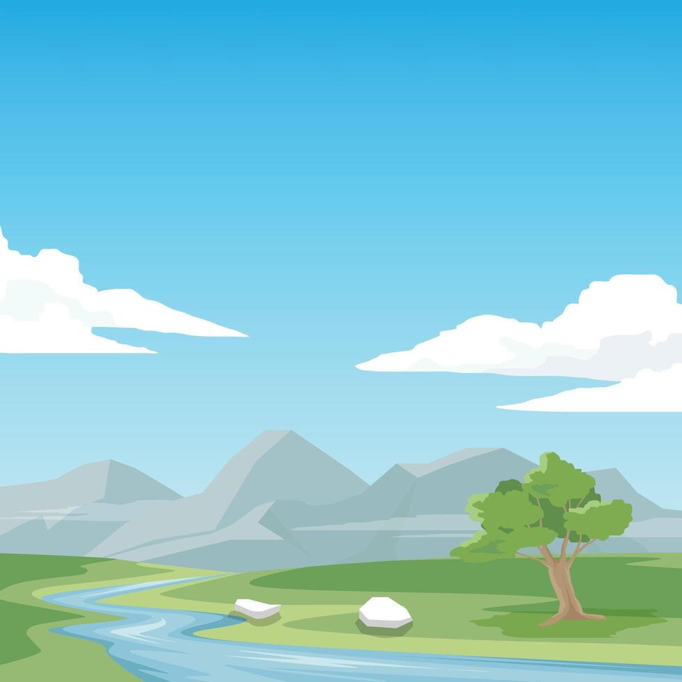 poster of square picture. River flows through the hills. both sides are full of green grass. The empty background is mountains and blue sky with white clouds. vector