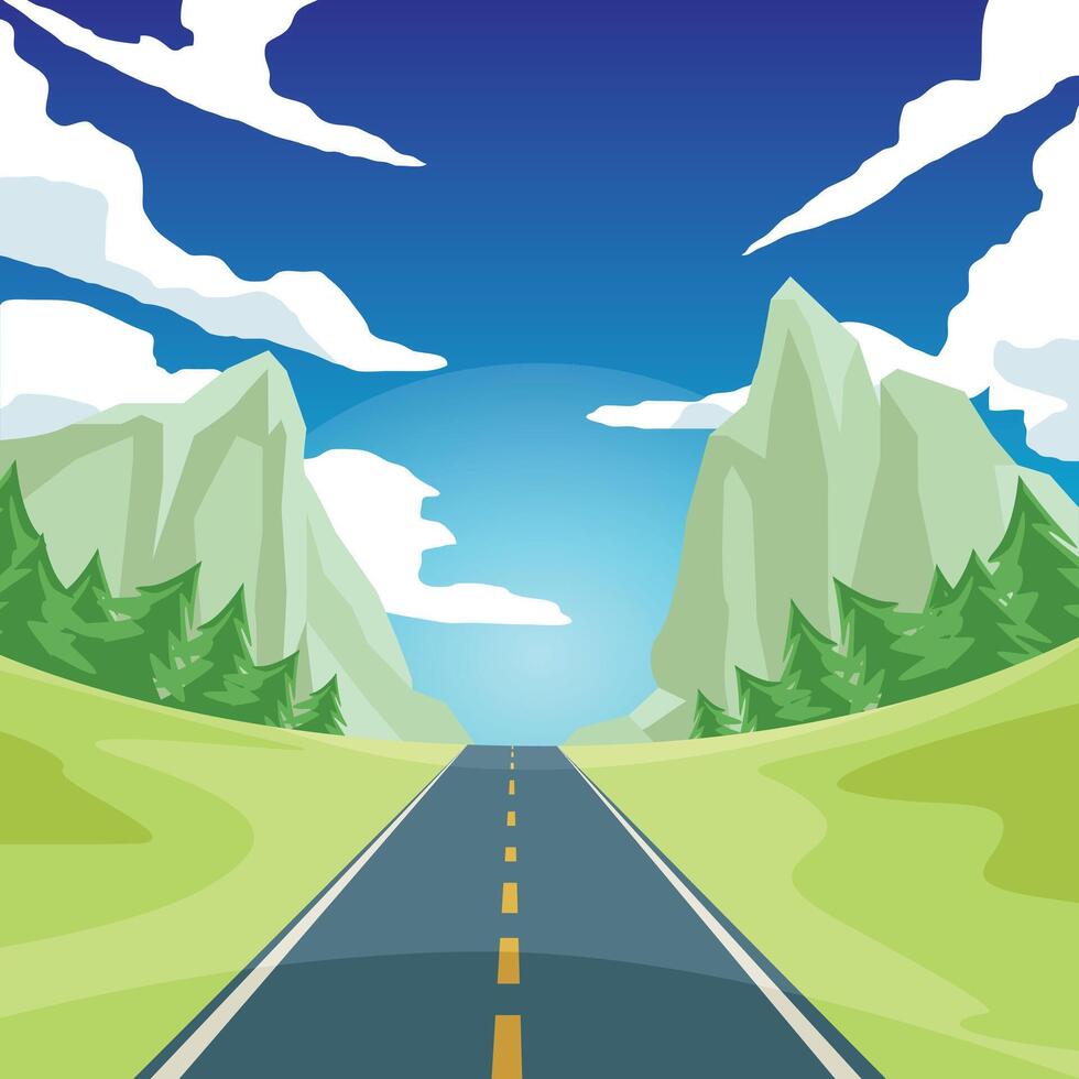 poster of road to goal. Asphalt road ahead with yellow center line. Through bright green landscape with pine trees. Mountain background and blue sky space with white clouds. vector