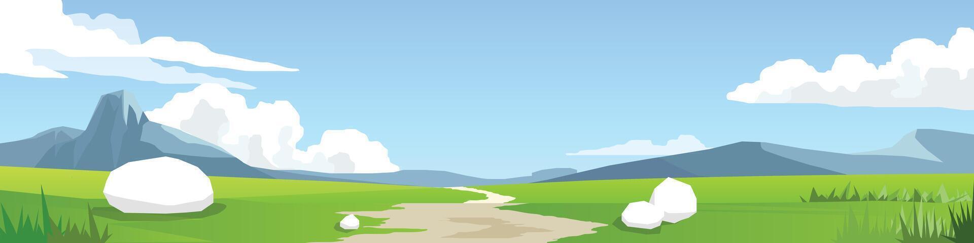 Poster of meadow landscape view. Winding dirt road. Through bright green landscape with hills. Empty space background of mountain and blue sky with white clouds. vector