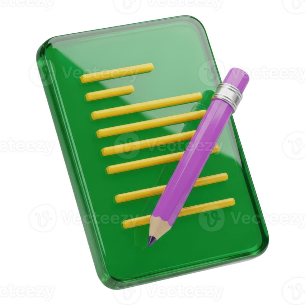 Glossy Green Document with Purple Pencil 3D Render for Digital Content Creation png