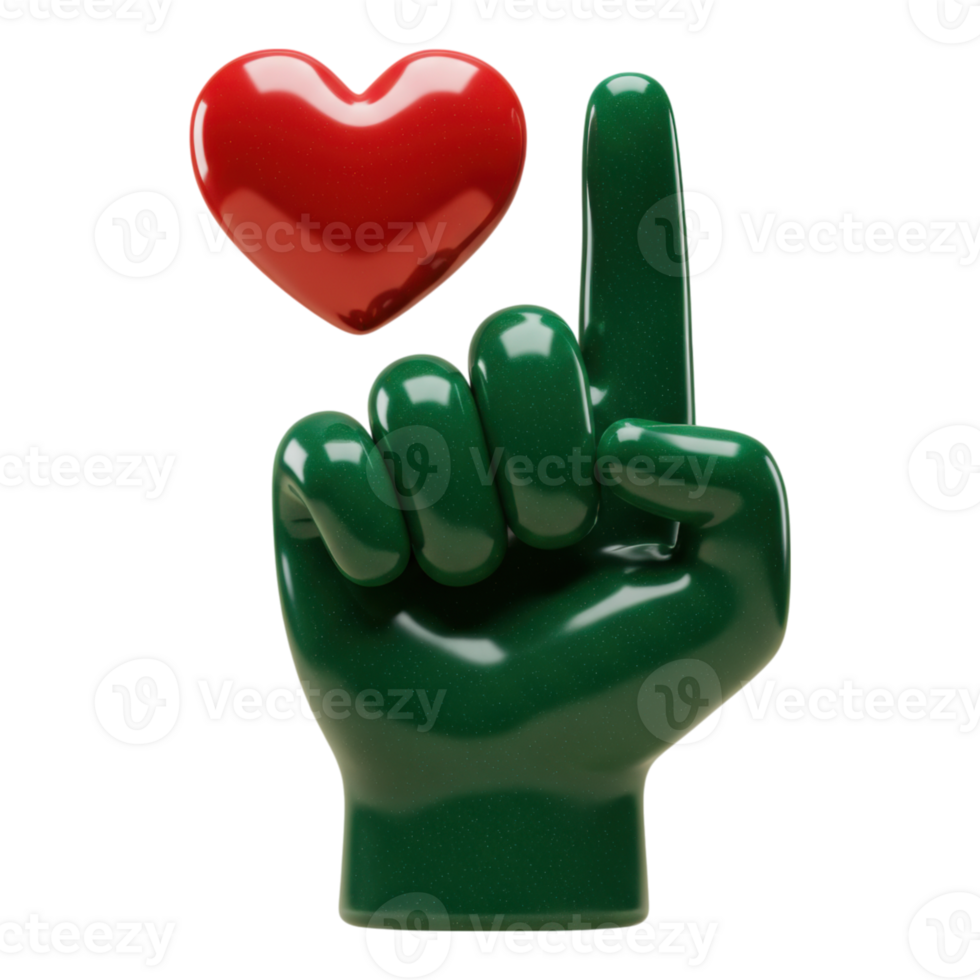 Stylized 3D Render of Green Hand Pointing Up with Floating Red Heart png