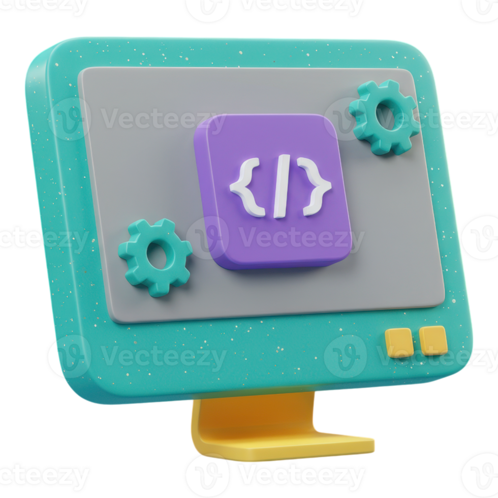 moderno 3d computador monitor exibindo programação código e engrenagem símbolos png