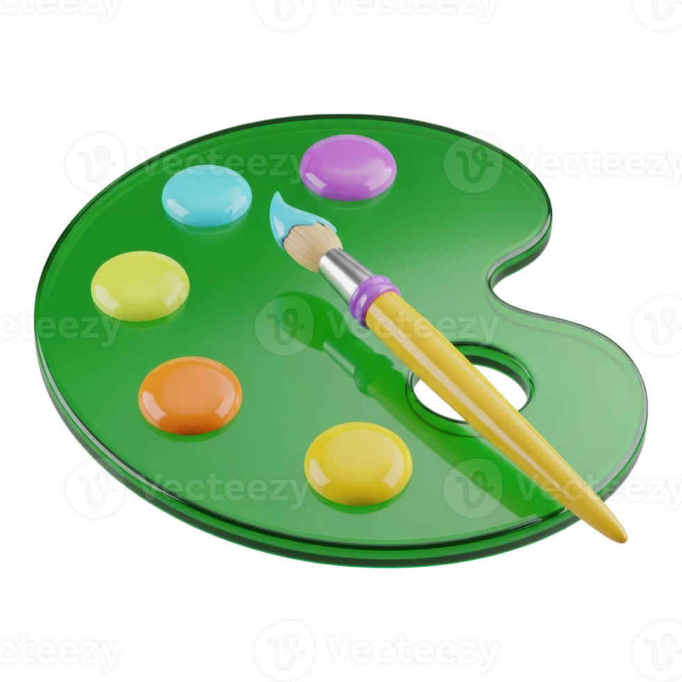 Vibrant 3D Render of a Green Artist Palette with Colorful Paint Blobs and a Paintbrush png