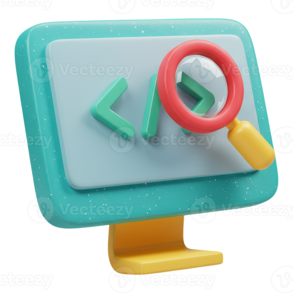 3d computador monitor com código e ampliação vidro para Programas desenvolvimento png