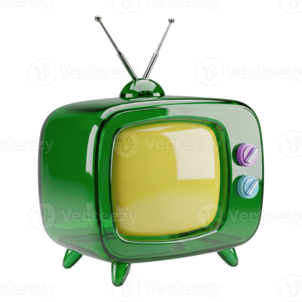 Glossy Green Retro Television 3D Render with Antennas and Yellow Screen png