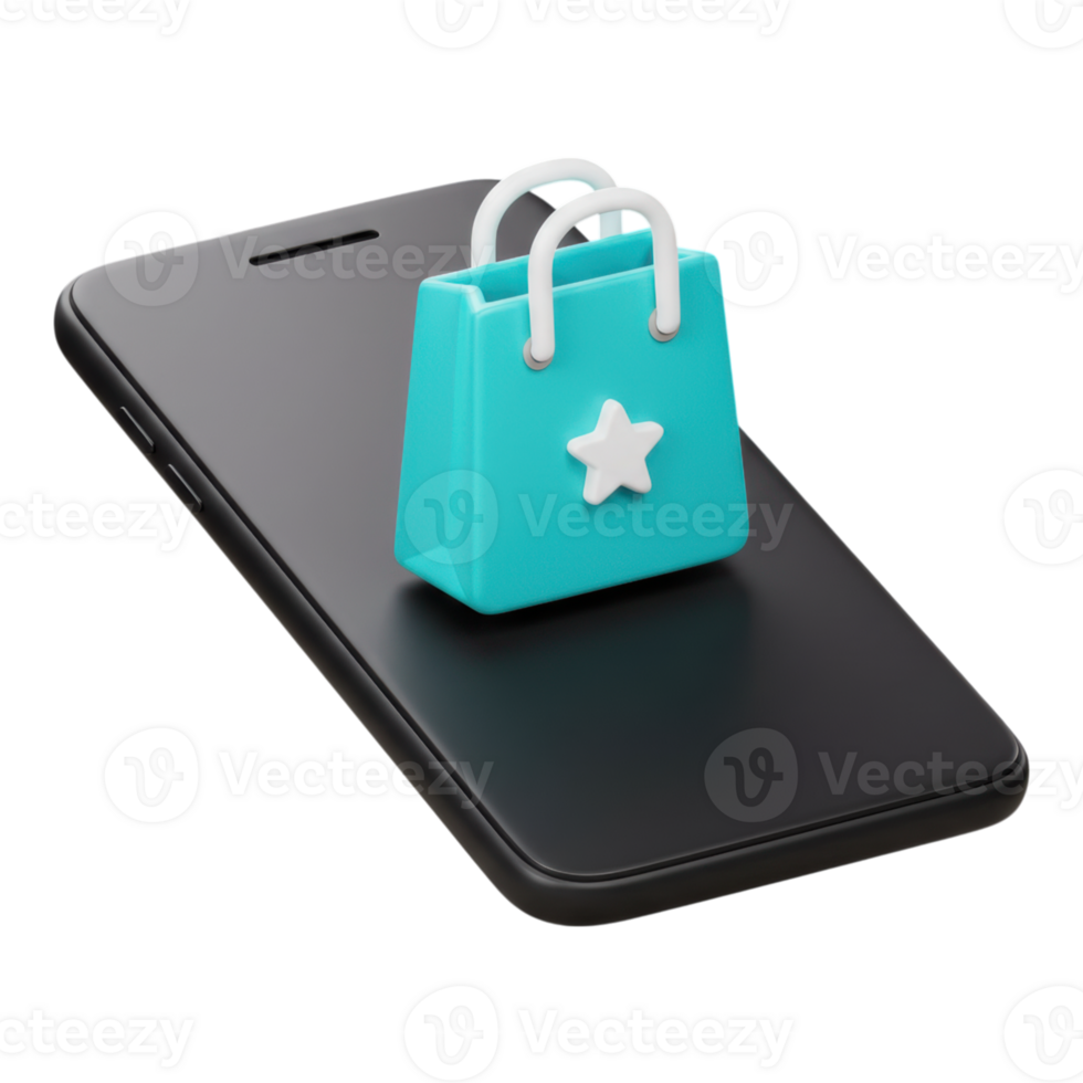 Online Shopping on Smartphone with Turquoise Bag 3D Render png