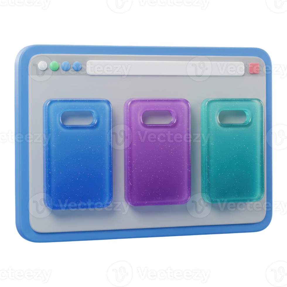 Modern 3D Browser Window Displaying Vibrant Digital Content Cards png