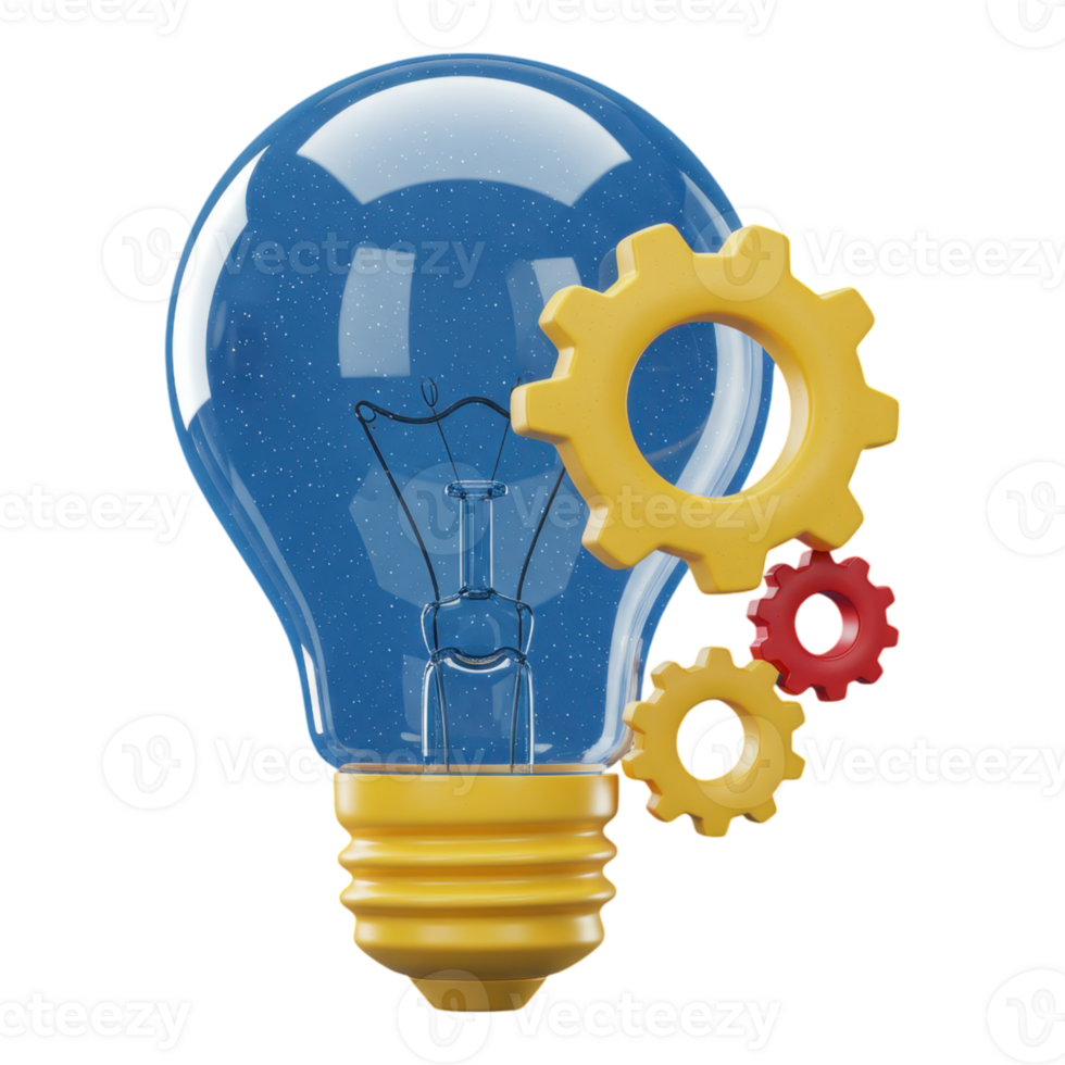 3D Blue Lightbulb with Gears Symbolizing Innovation, Ideas, and Mechanical Process png