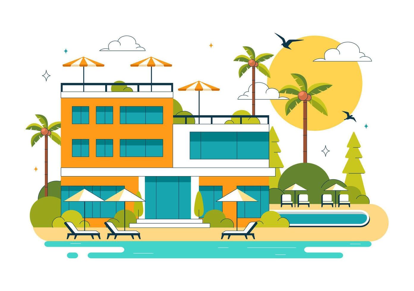 Beautiful Beach Hotel Resort Scene with Sun, Sea, and Trees vector
