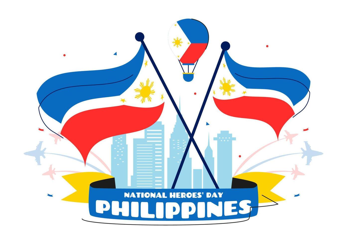 Flat Cartoon Background of Philippine Heroes Day Honoring Brave National Heroes with Flag and Ribbon vector