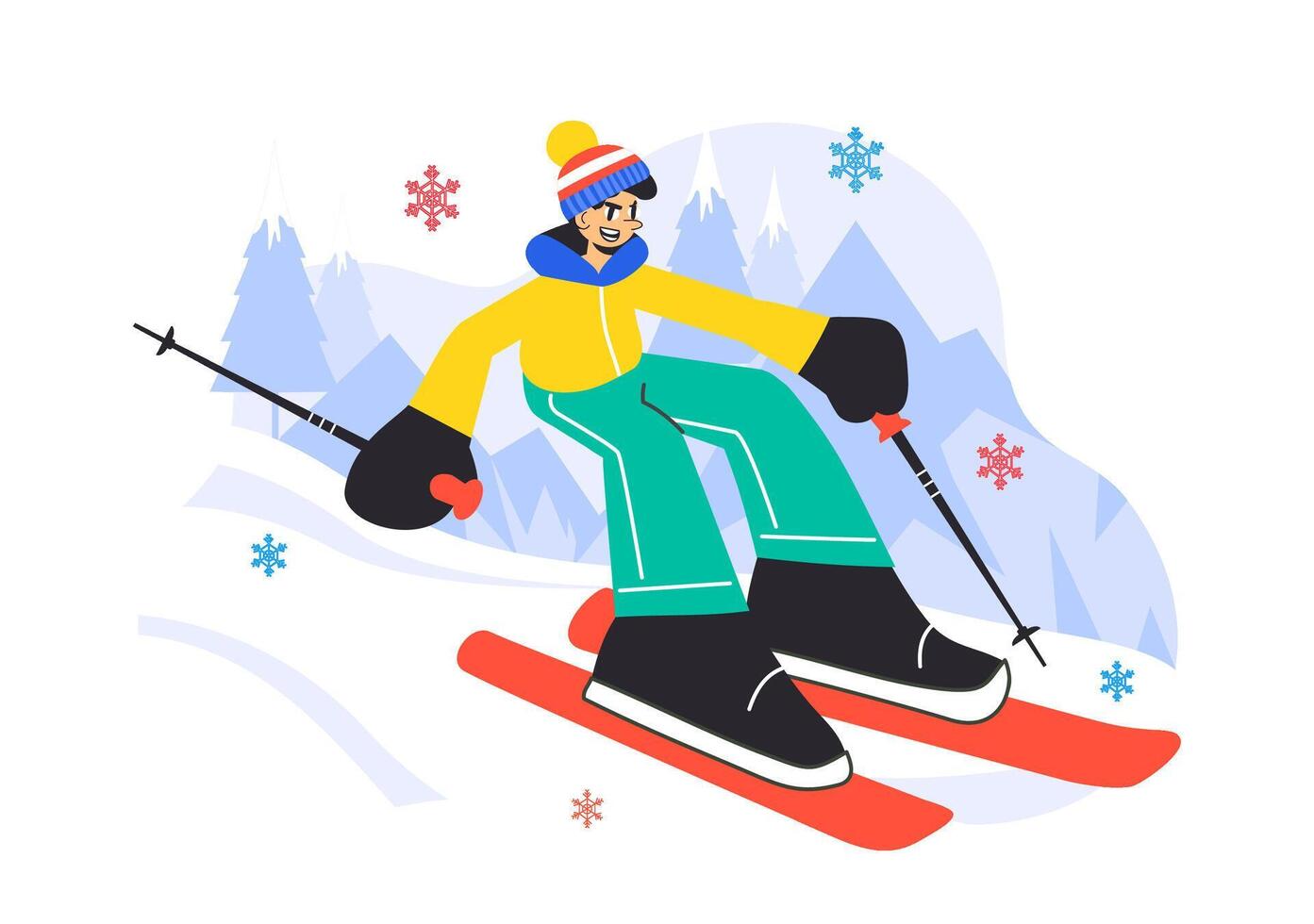Flat Style Cartoon Background of a Winter Ski Resort with Downhill Skiers vector