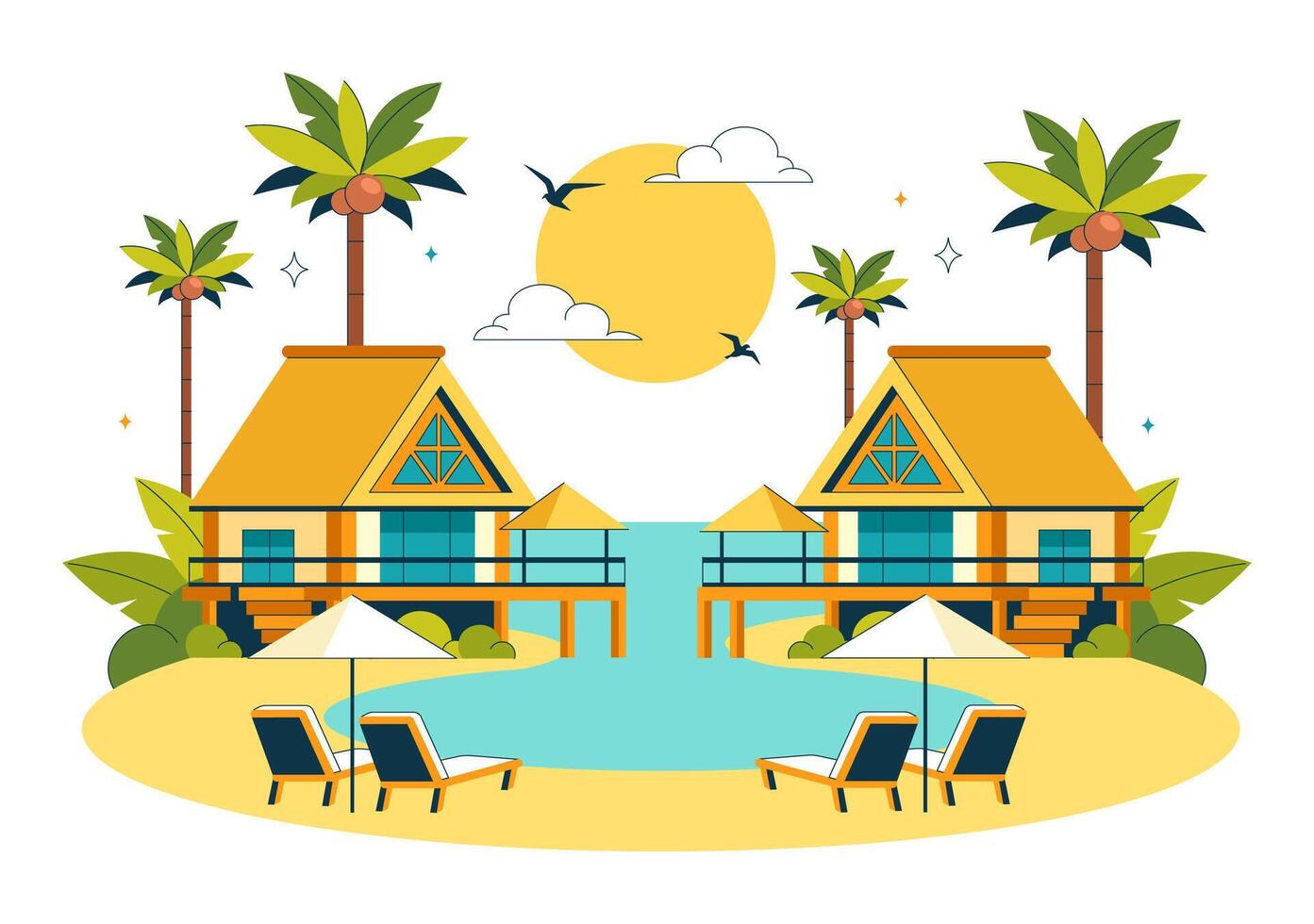 Art of a Vacation Beach Resort with Palm Trees and Clear Blue Water vector