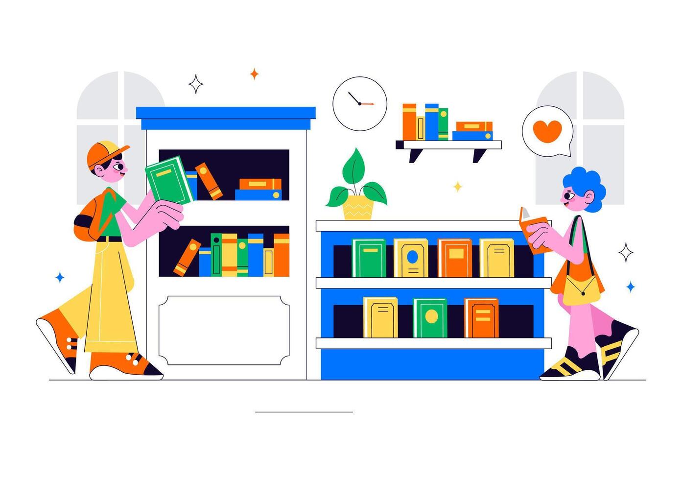 Flat of a Peaceful School Library Bookstore with Literature and Self Learning Themes vector