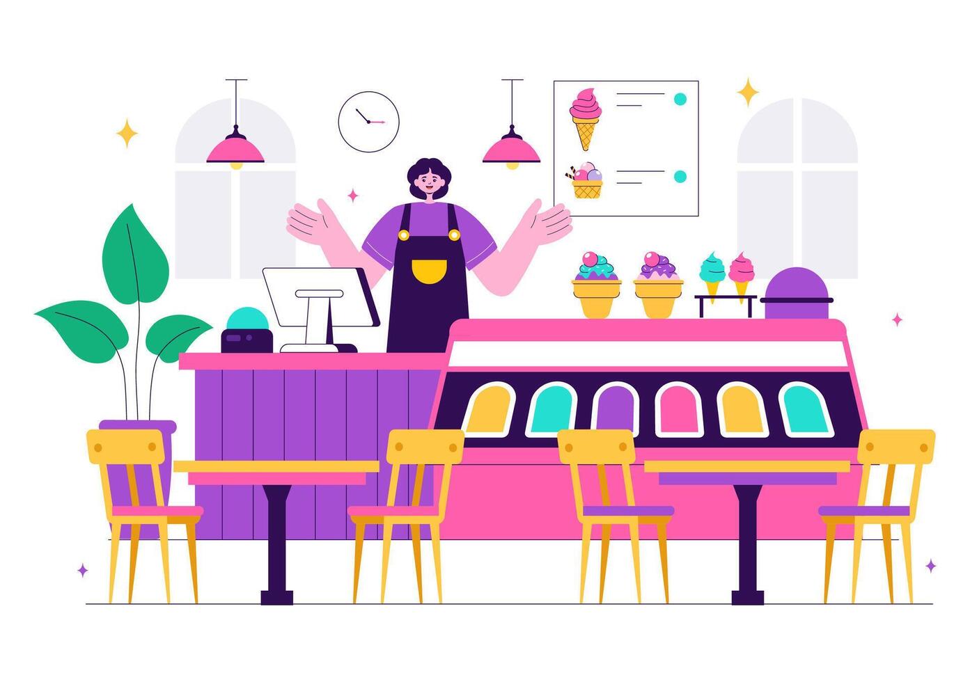 Cute Ice Cream Parlor with Variety of Flavors in Illustration vector