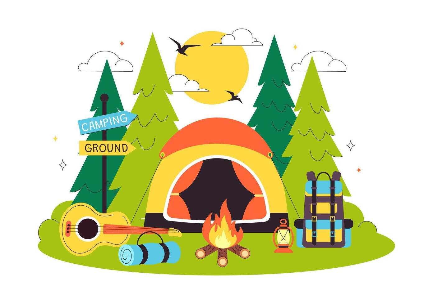 Cartoon Background of Summer Camping Adventure in Nature with Tent and Trees vector