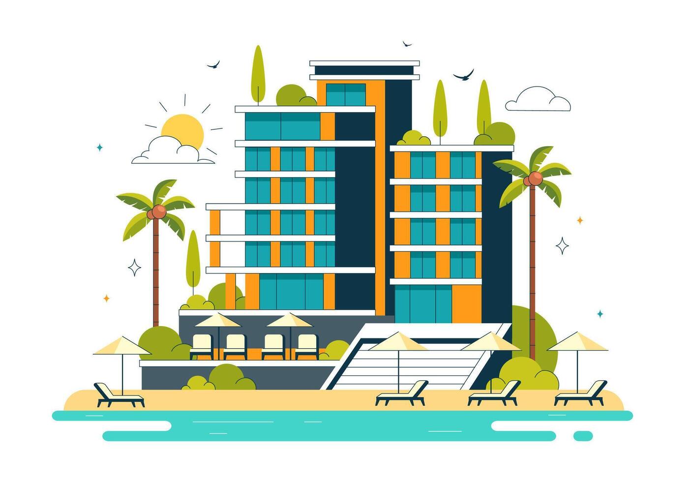 Flat Style of a Seaside Tropical Resort with Lush Palm Trees vector