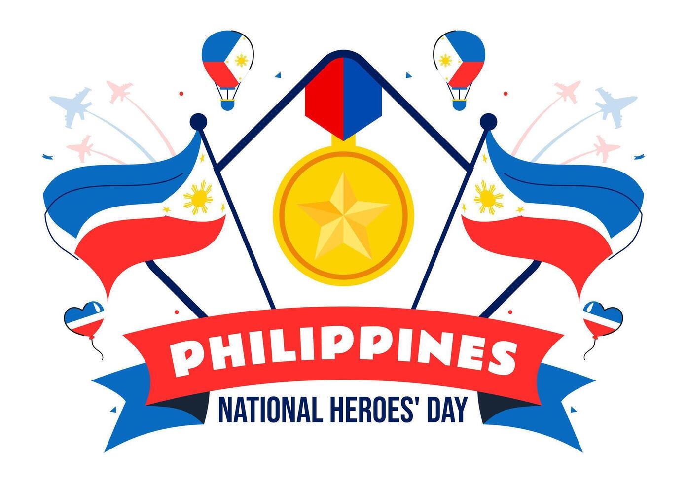 Philippine National Heroes Day Flat Style Illustration with Ribbon and Waving Flag Background vector