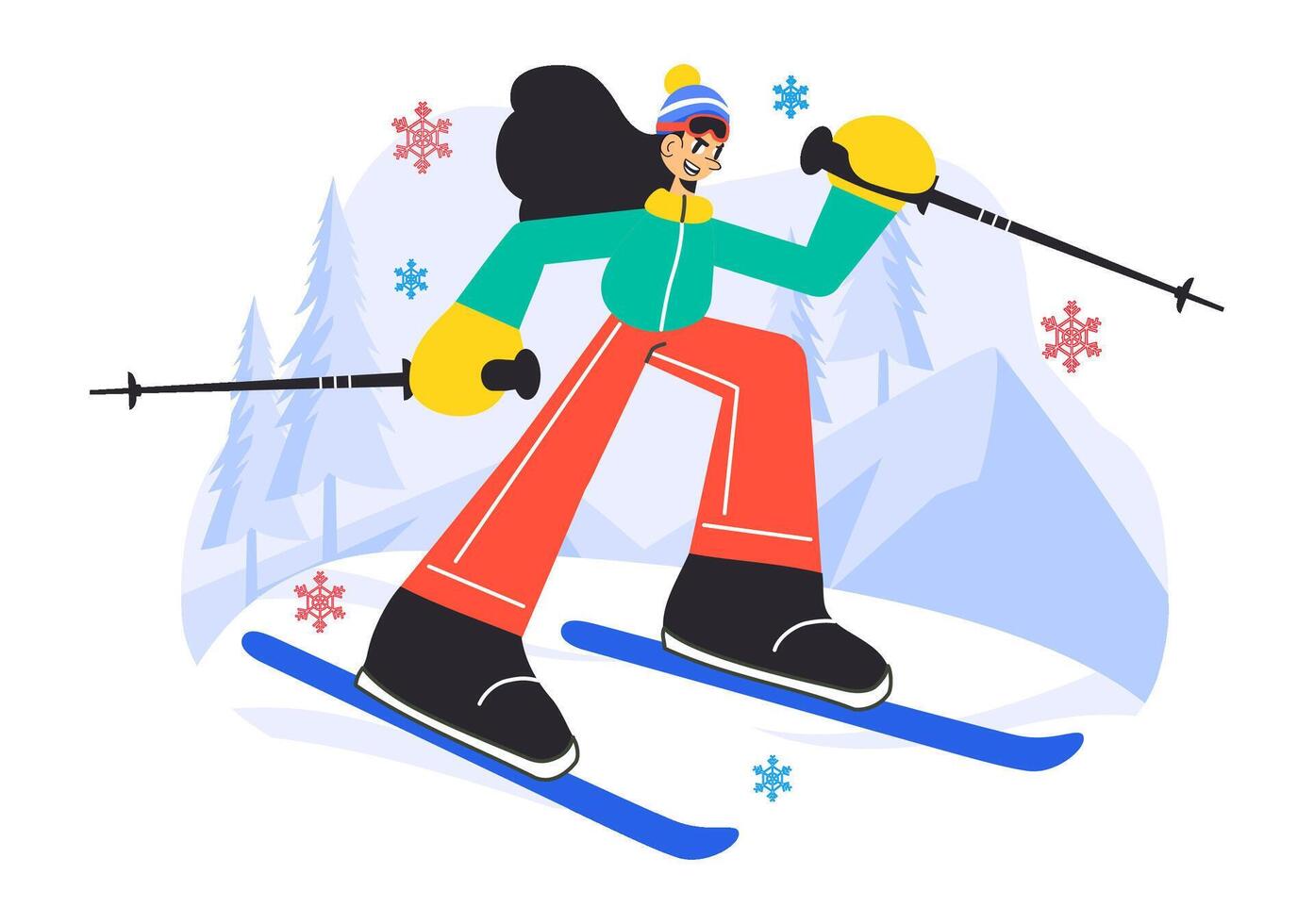 Skiing Activity Illustration with a Group of Skiers in Action on a Winter Hill vector