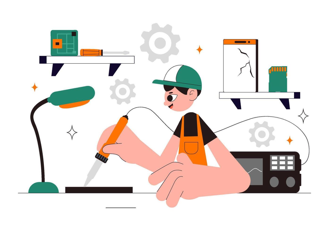 Electronics Repair Service Illustration with Mobile Device Malfunction in Cartoon Background vector